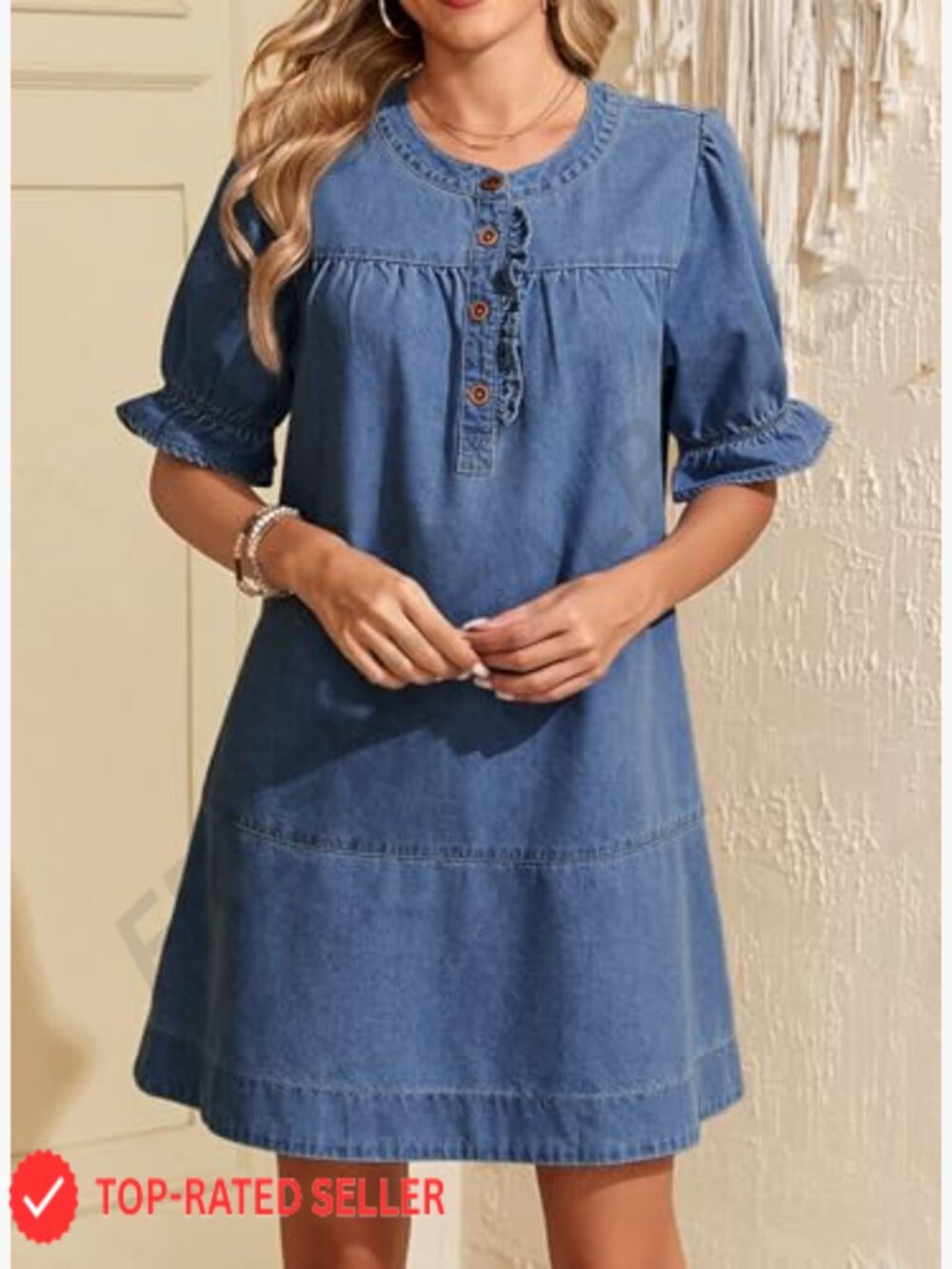 Denim Babydoll Dress with Ruffle Short Sleeves Casual Button Front Mini Dress - Picture 3 of 7